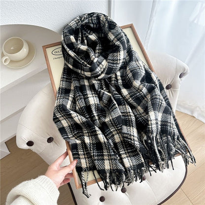 Color Block Plaid Fringe Scarf