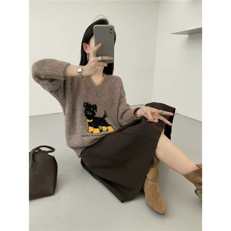 Heavyweight Embroidered Dog Sweater Women's V-Neck Knit Top