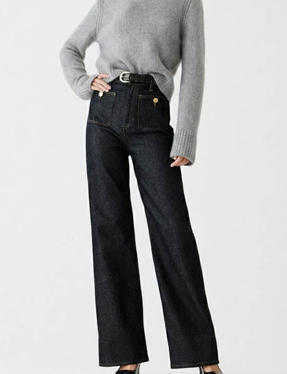 Simple Mid Waist Wide Leg Denim Pants