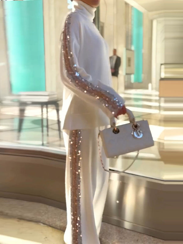 Wrap Contrast Color Sequined Split-Joint High-Neck Sweater Tops&Pants Suits