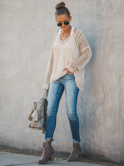 Hollow Solid Color V-Neck Knitting Sweater Tops