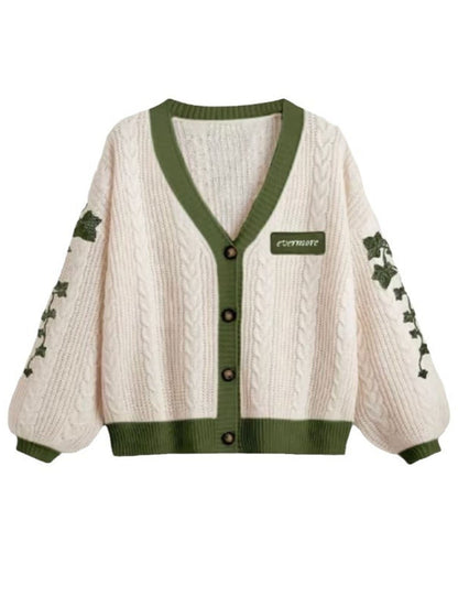 Casual Leaves Embroidery Balloon Sleeves Cardigan