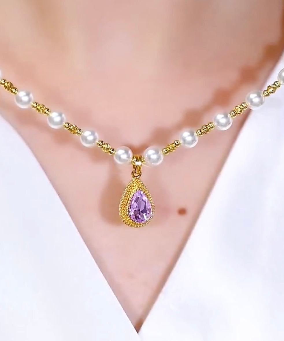 Beautiful Purple Sterling Silver Overgild Pearl Water Drop Pendant Necklace