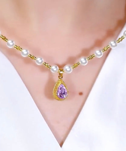 Beautiful Purple Sterling Silver Overgild Pearl Water Drop Pendant Necklace
