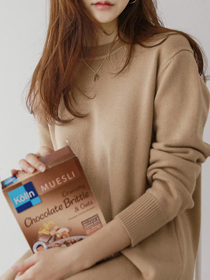 Urban Long Sleeves Loose Split-Side Solid Color Round-Neck Sweater Dresses