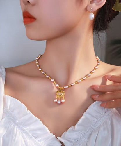 Fashion Light Purple Sterling Silver Overgild Pearl Safe Lock Pendant Necklace