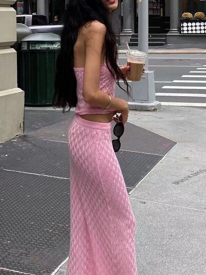 Knit Halter Crop Top and Maxi Skirt Sets