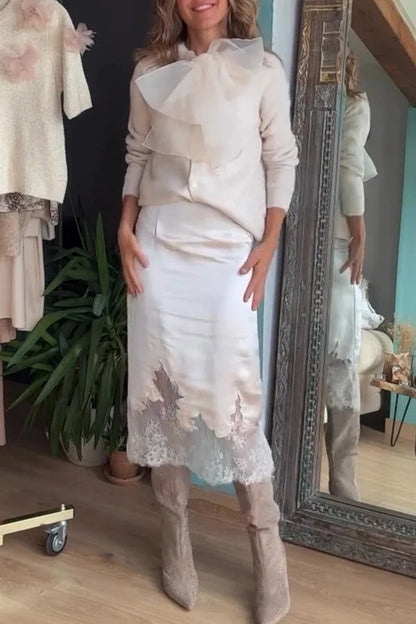 Orozco Knit Organza Bow Button-down Long Sleeve Loose Cardigan