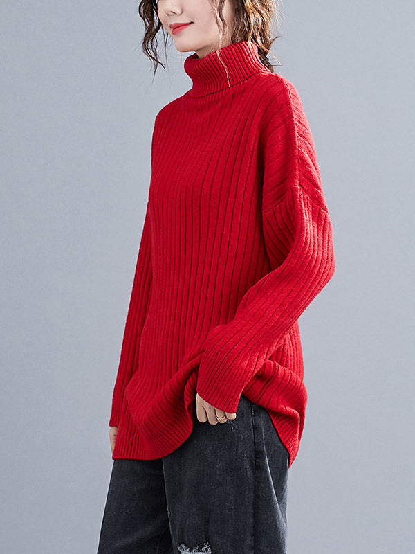 Simple Solid Color High-Neck Long Sleeves Sweater Top