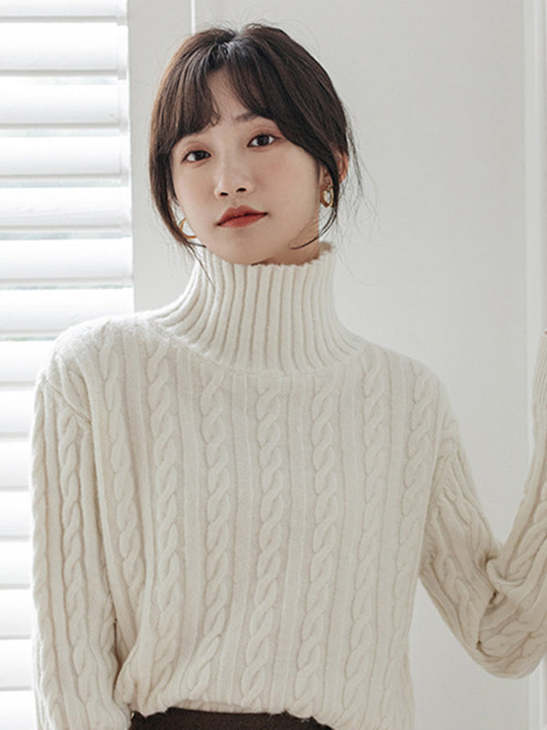 Casual Long Sleeves Loose Solid Color High-Neck Sweater Tops