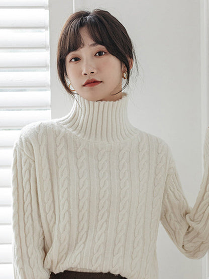 Casual Long Sleeves Loose Solid Color High-Neck Sweater Tops