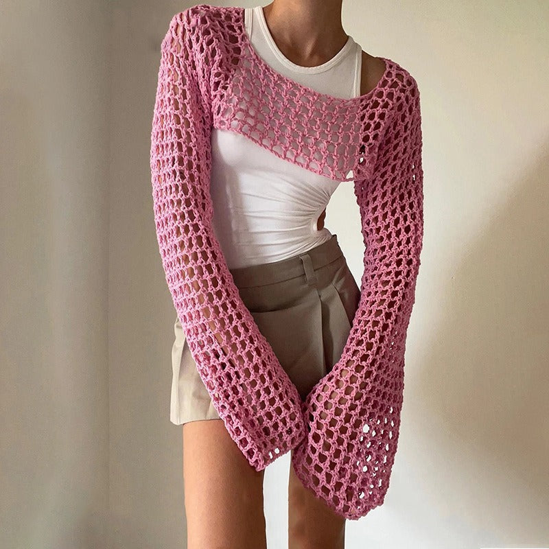 Casual Flare Sleeve Mesh Short Net Top