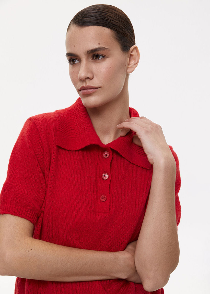 Knit Polo Shirt Soft Red Buttoned Short Sleeve
