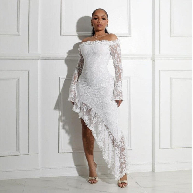 Lace Off Shoulder Asymmetrical Bustier Bodycon Dress