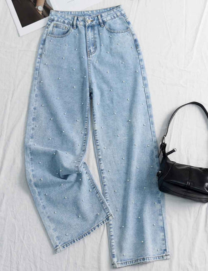 Casual Pearl High Waist Baggy Denim Pants