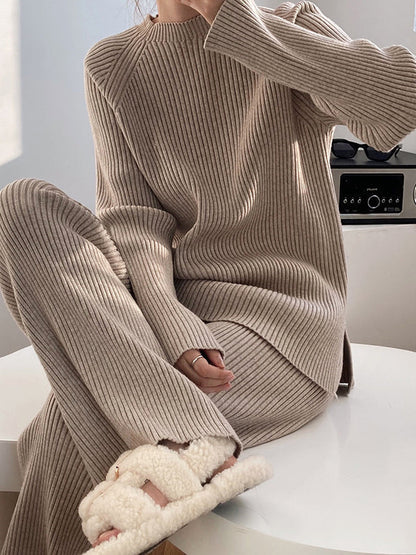 Long Sleeves Wrap Solid Color Split-Side Round-Neck Sweater Tops&Pants Suits
