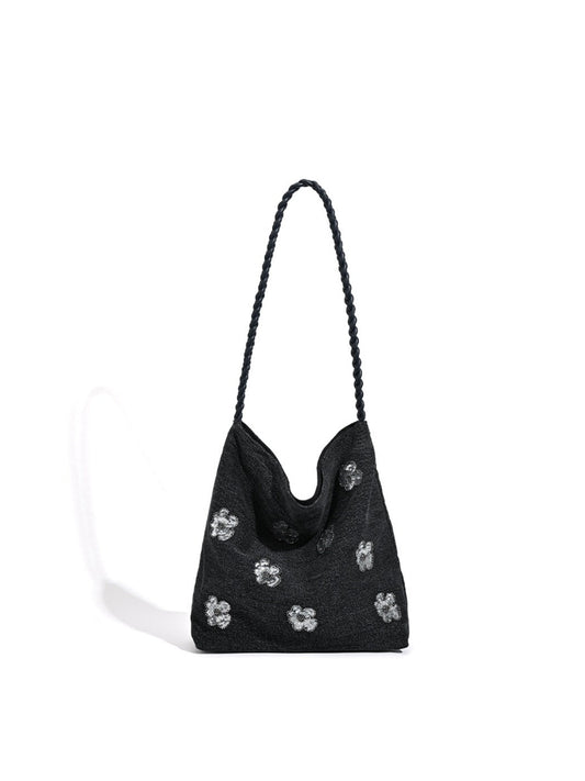 Cosbai - Black Single-shoulder Denim Bag with Sequin Decorations