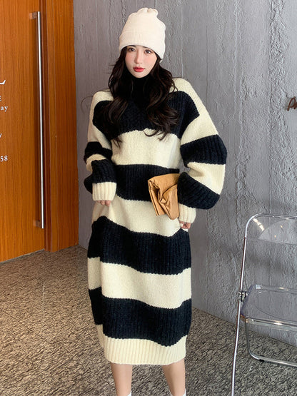 Stylish Loose Striped V-Neck Sweater Dresses