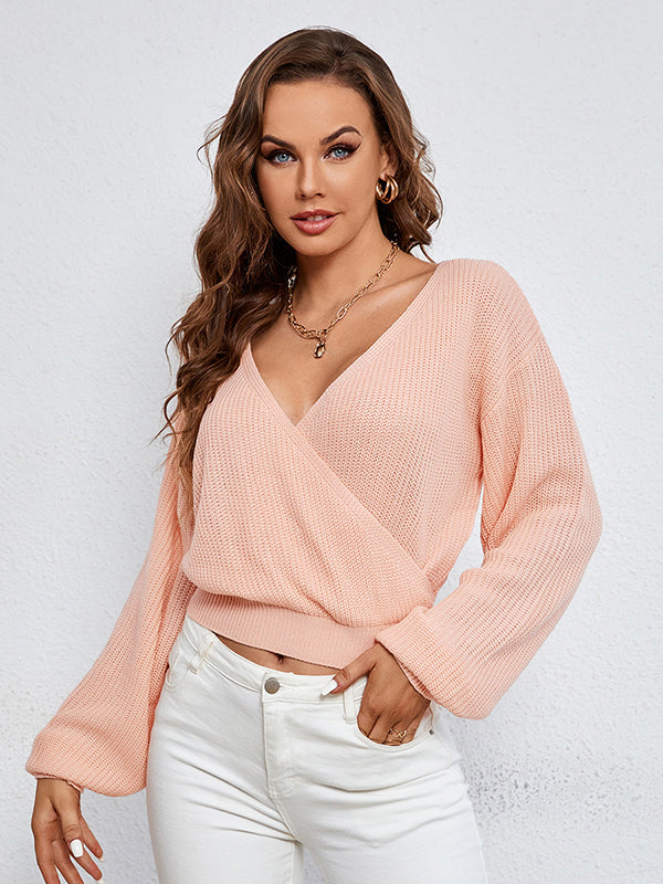 Casual Puff Sleeves Long Sleeves Solid Color Deep V-Neck Sweater Pullovers
