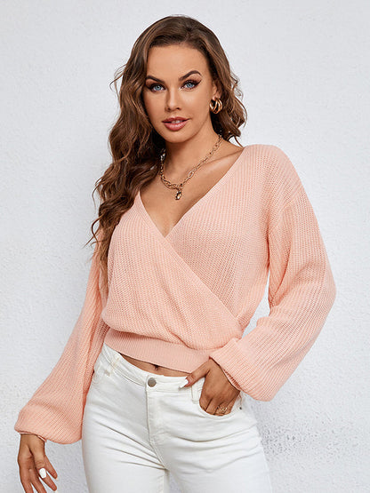 Casual Puff Sleeves Long Sleeves Solid Color Deep V-Neck Sweater Pullovers