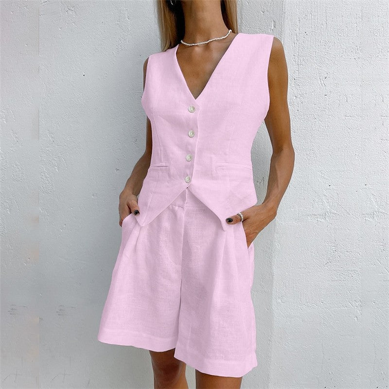 Solid Color Suit Vest Shorts Two-Piece Set