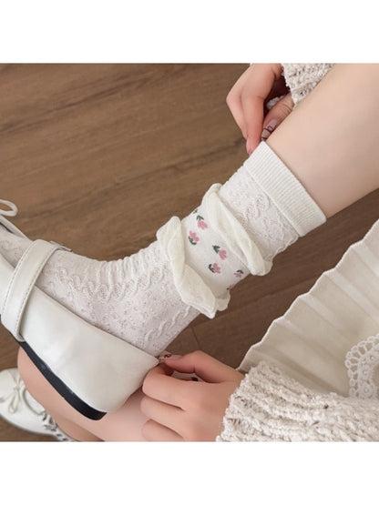 Rufia - Vintage Mid-Calf Winter Socks with Tulip Floral Print