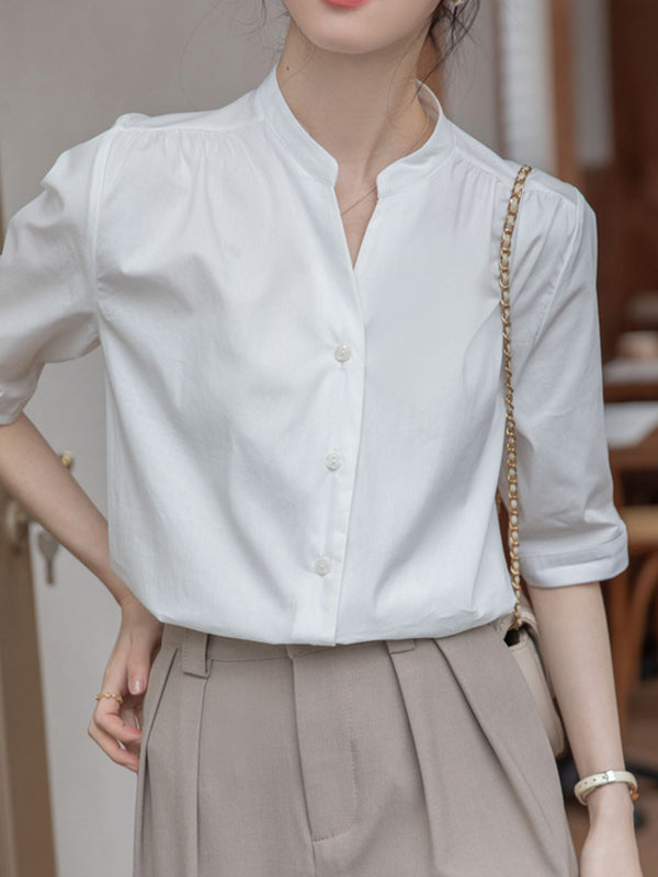 Half Sleeves Loose Buttoned Pleated Solid Color Split-Joint Stand Collar Blouses&Shirts Tops