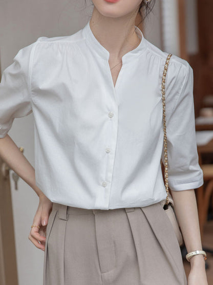 Half Sleeves Loose Buttoned Pleated Solid Color Split-Joint Stand Collar Blouses&Shirts Tops