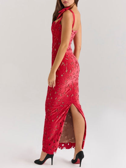 Bow Hollow Wrap Split Maxi Dress