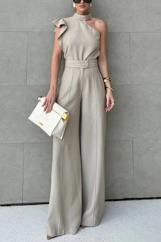 Fashionable One-shoulder Ruffled Top and Casual Simple Straight-leg Suit Pants Set