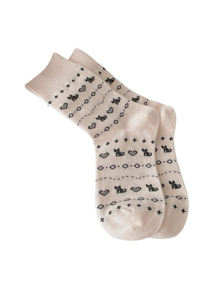 Rufia - Retro Mid-calf Socks with Hearts and Animal Prints