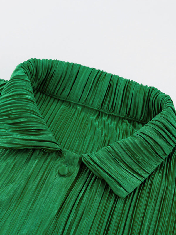 Loose Solid Color Pleated Blouse&Wide Legs Pants 2 Pieces Set