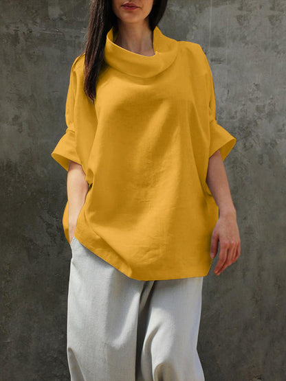 Simple Casual Loose Solid Color High-Neck Half Sleeves T-Shirt Top