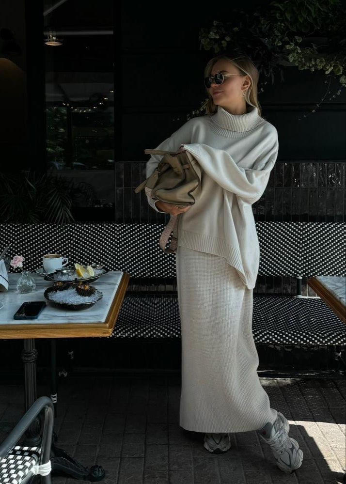 Oversized Knit Sweater And Maxi Skirt Set Beige