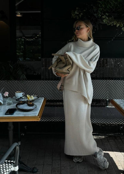 Oversized Knit Sweater And Maxi Skirt Set Beige