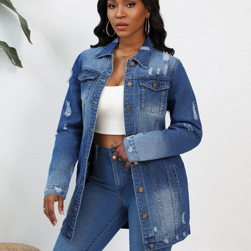 Long Denim Coat Cotton Classic Lapel Outerwear