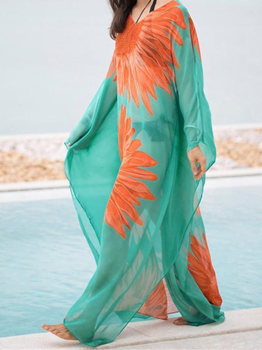Sunflower Pattern Loose Plus Size Beach Cover-Ups