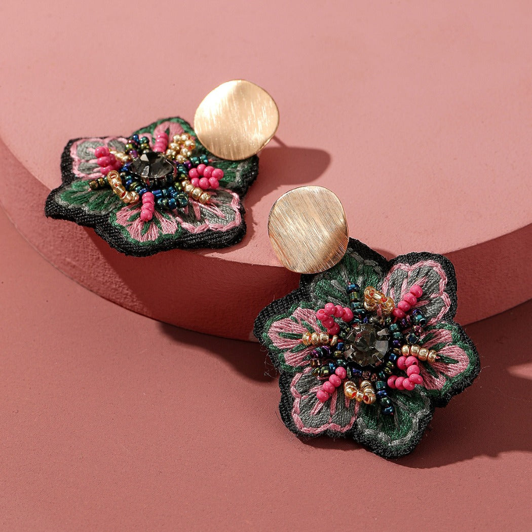 Earwish - Boho Fabric Floral Earrings - Blue / Green