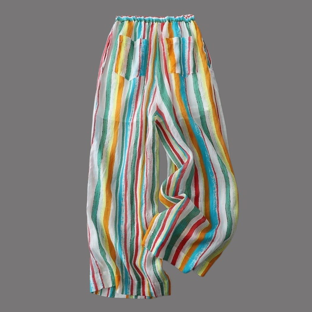 Dopamine Rainbow Stripe Pants – Airy Wide-Leg Trousers with Lining