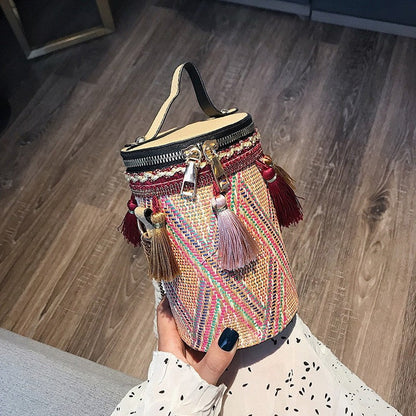 Casual Striped One Shoulder Tasseled Round Bag