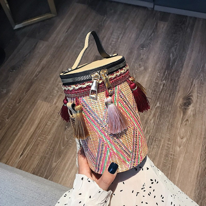 Casual Striped One Shoulder Tasseled Round Bag