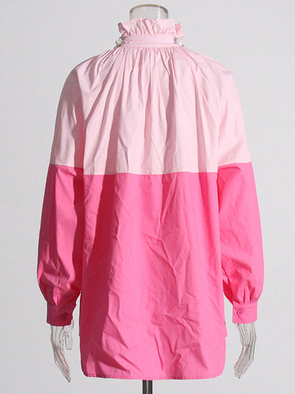 Long Sleeves Loose Buttoned Contrast Color Rhine Stones Mock Neck Blouses&Shirts Tops
