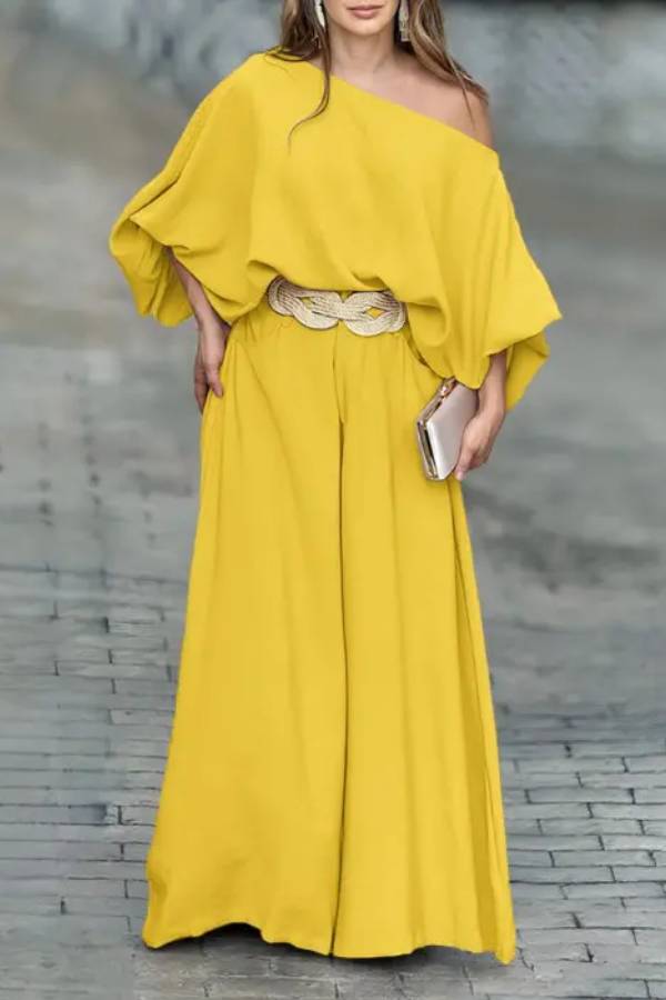Skew Neck Lantern Sleeve Top \u0026 Wide Leg Pants Set