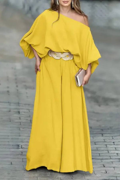 Skew Neck Lantern Sleeve Top \u0026 Wide Leg Pants Set