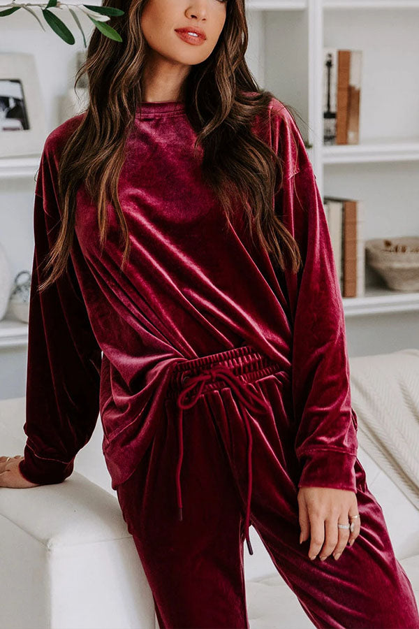 Red Solid Velvet Round Neck Top \u0026 Drawstring Pants Longe Set