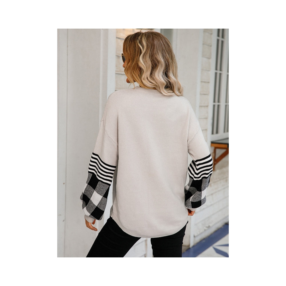 Casual Long Sleeves Loose Checkered Round-Neck Sweater Tops