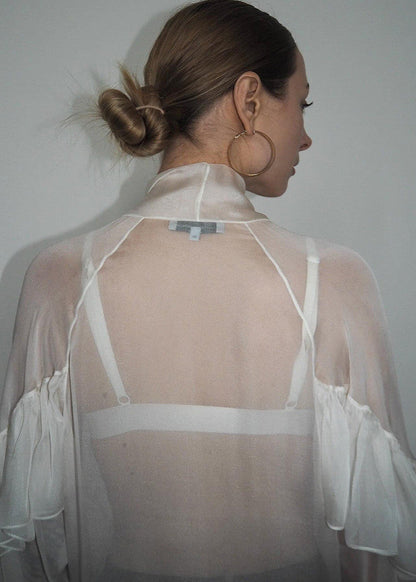 Sheer Silk Blend Ruffle Tie Front Blouse