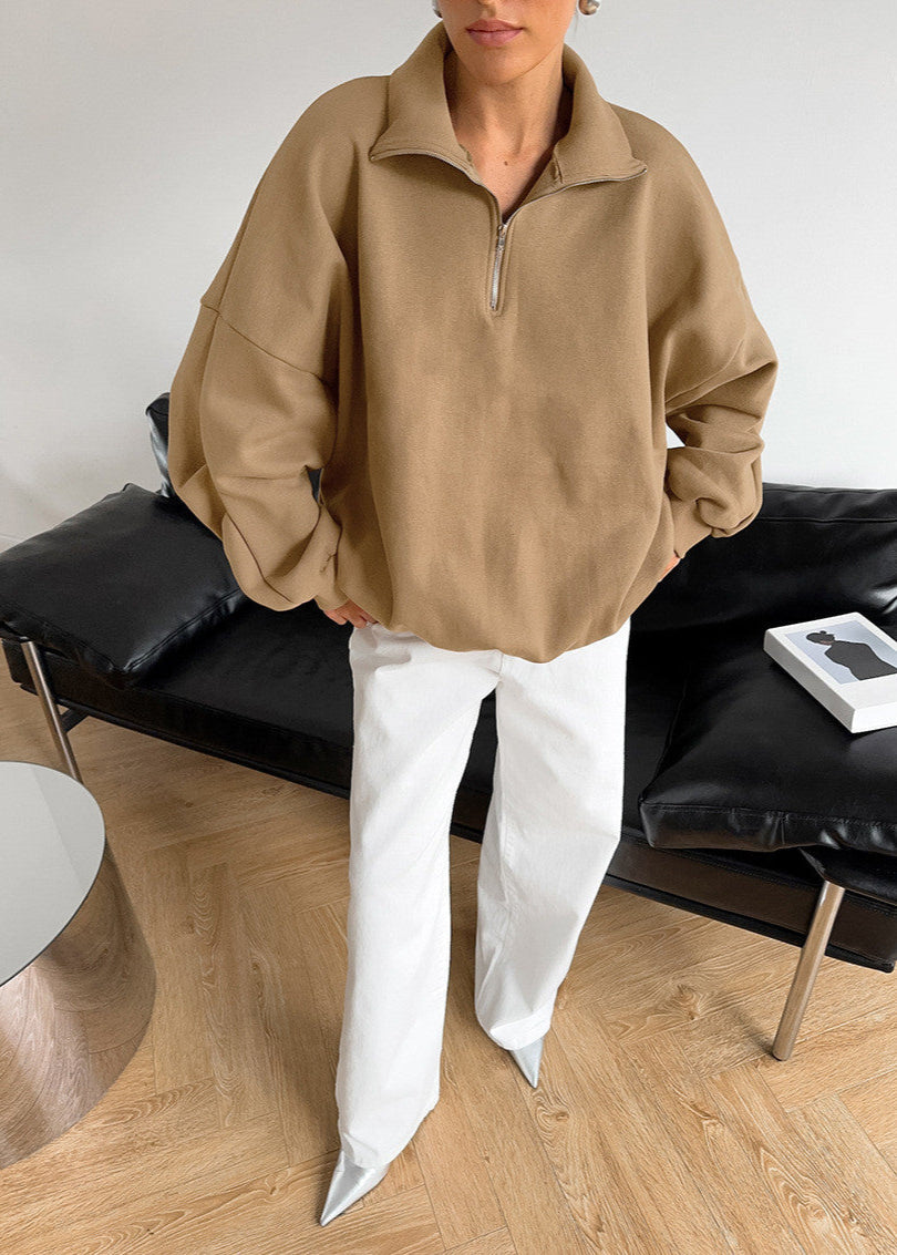 Oversized Cotton Blend Zipper Pullover Sweatshirt