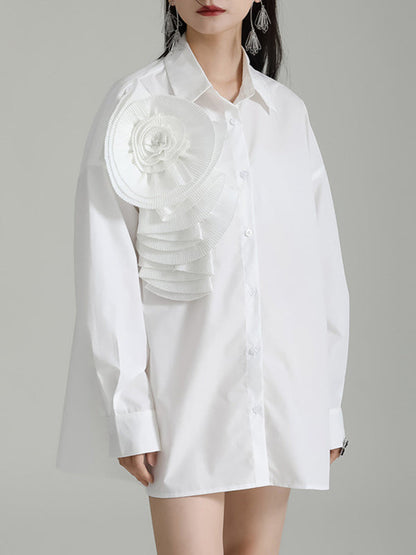 Solid Color Three-Dimensional Flower Long Sleeves Buttoned Blouses