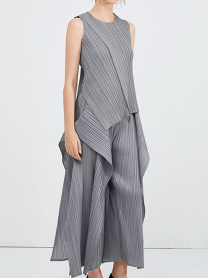 Irregular Clipping Loose Asymmetric Pleated Solid Color Split-Side Tiered Round-Neck Casual Pants Bottoms Two Pieces Set Vest Top